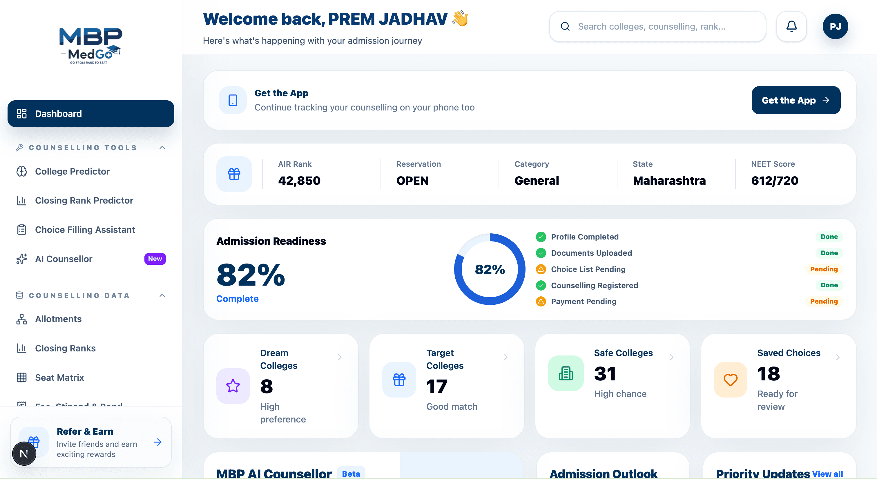 MBP counselling dashboard